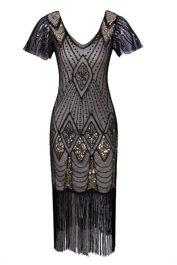 Black and Gold Sequin 1920s Dress