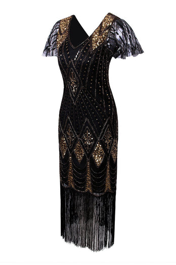 Black and Gold Sequin 1920s Dress