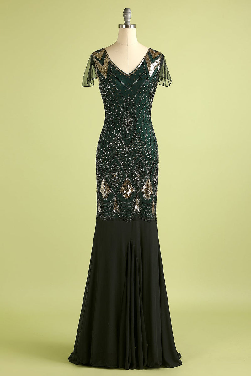 Load image into Gallery viewer, Black and Gold Long Sequin 1920s Dress