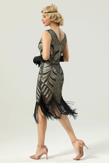 Black V Neck Sequin 1920s Flapper Dress