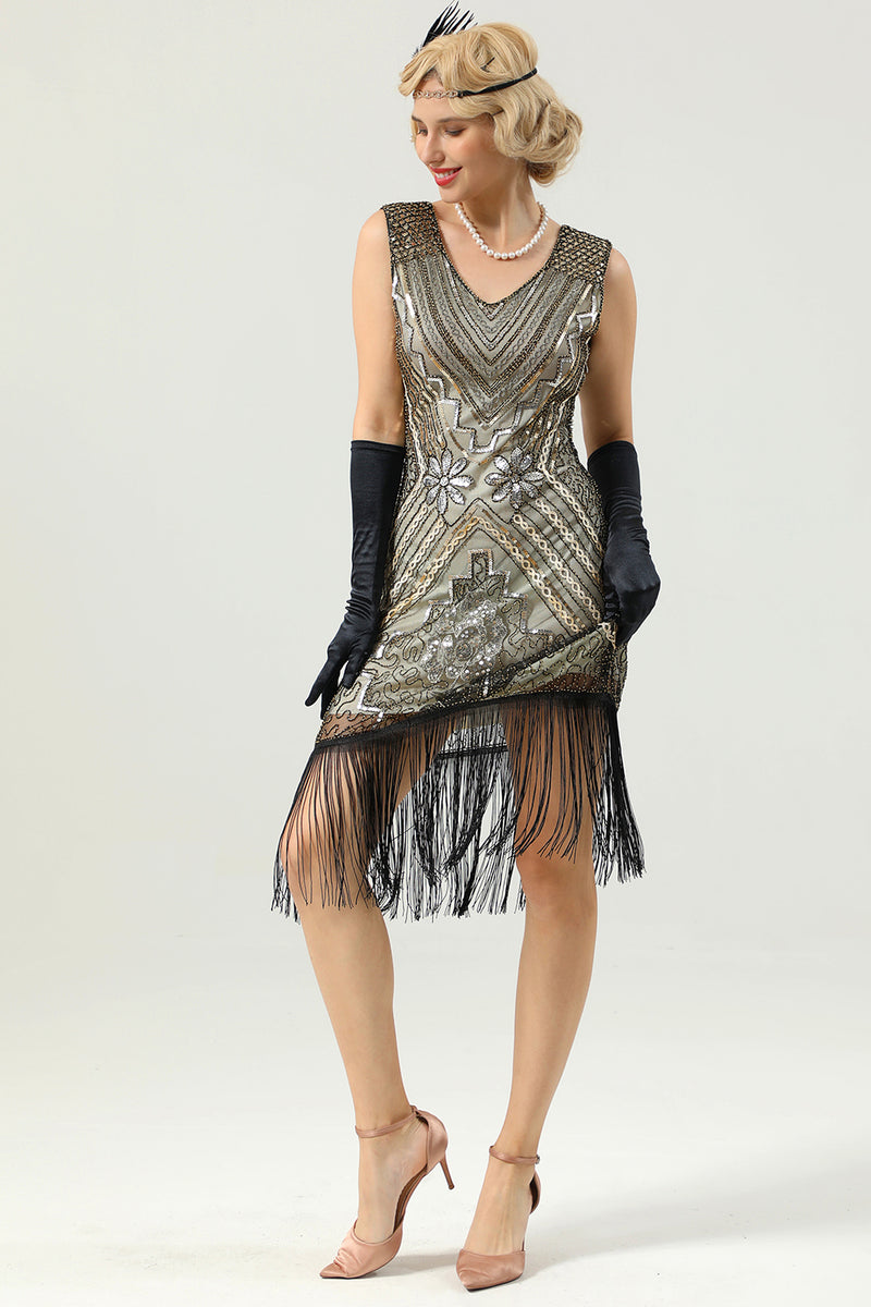 Load image into Gallery viewer, Golden V-neck 1920s Flapper Dress