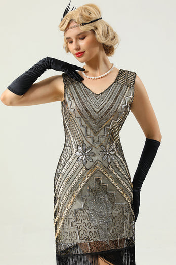 Golden V-neck 1920s Flapper Dress