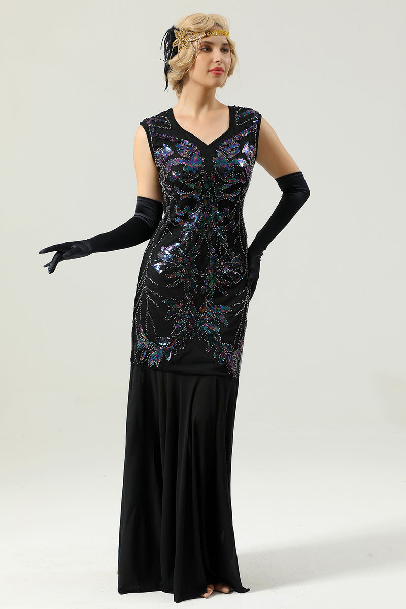 Load image into Gallery viewer, Black Long Sequins 1920s Party Dress