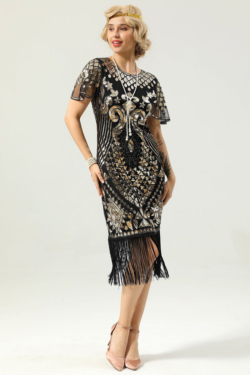 Load image into Gallery viewer, Black and Gold Sequin 1920 Dress with Batwing Sleeves