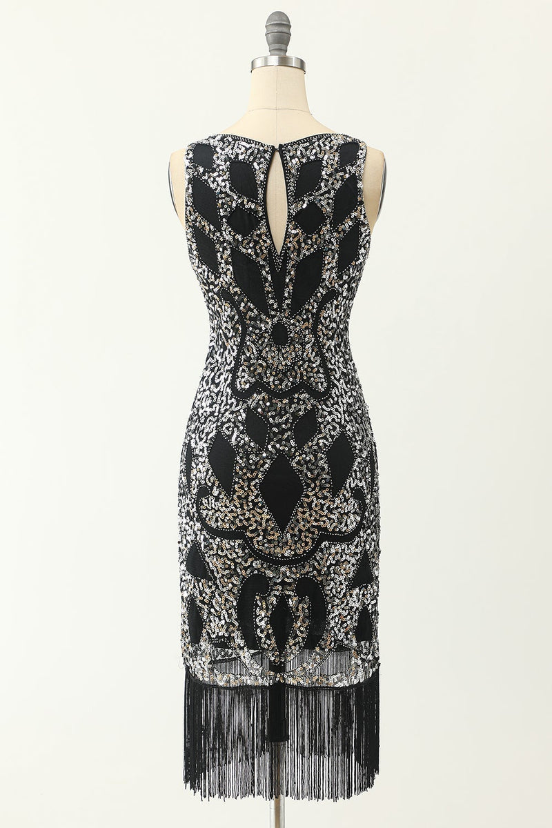 Load image into Gallery viewer, Scoop Neck Black Silver 1920s Dress