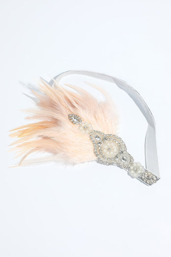 Blush 1920s Beaded Sequin Headband with Feather