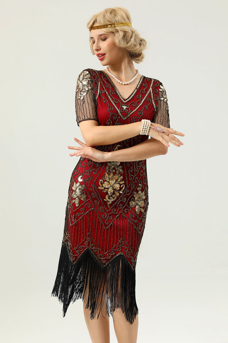 Load image into Gallery viewer, Beaded Red Sequin 1920s Dress with Sleeves