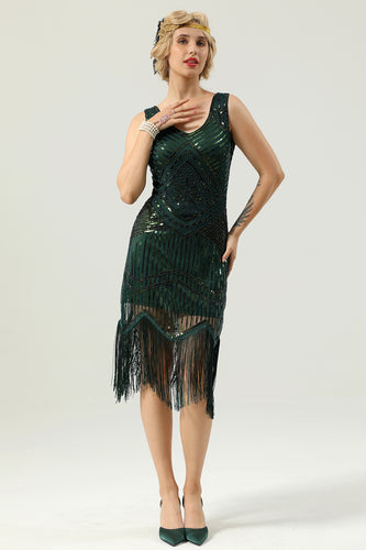 1920 Retro Dark Green Sequin Fringe Dress