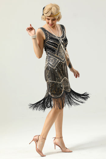 Black Deep V Neck Flapper 1920s Dress