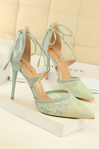 Shallow Pointed Toe Mesh Lace Cross Strap High Heels