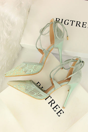 Shallow Pointed Toe Mesh Lace Cross Strap High Heels