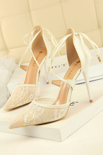 Shallow Pointed Toe Mesh Lace Cross Strap High Heels