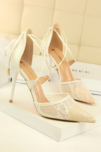 Shallow Pointed Toe Mesh Lace Cross Strap High Heels