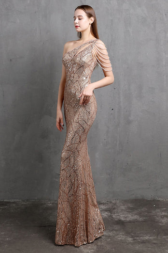 Gold Mermaid One Shoulder Sequin Formal Dresses