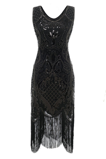 Black V-neck Fringe Sequins 1920s Dress