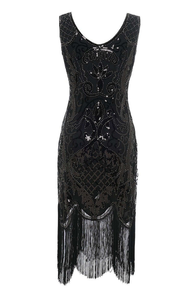 Load image into Gallery viewer, Black V-neck Fringe Sequins 1920s Dress