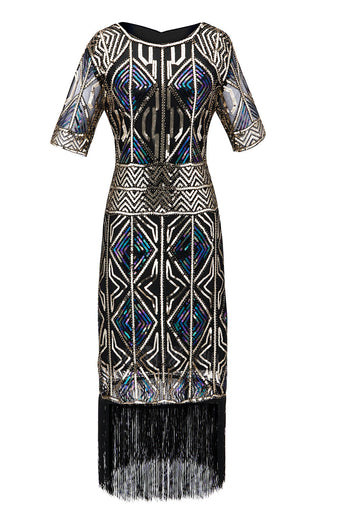 Blue Sequins Fringe Gatsby 1920s Dress with Sleeves