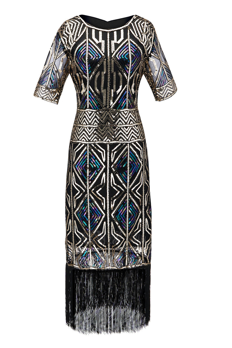 Load image into Gallery viewer, Blue Sequins Fringe Gatsby 1920s Dress with Sleeves