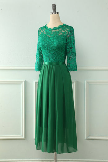 Green Lace Mothet Of The Bride Dress with Long Sleeves