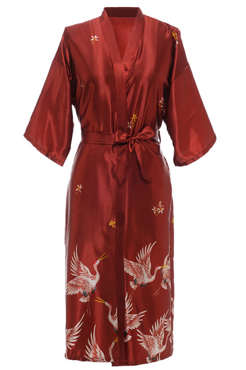 Burgundy Crane Printed Bridal Robe