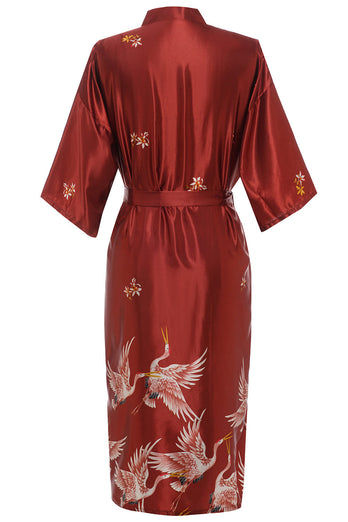 Burgundy Crane Printed Bridal Robe