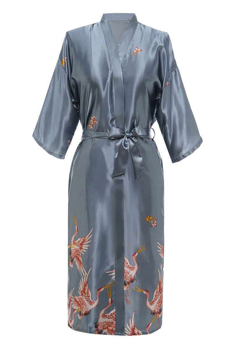 Load image into Gallery viewer, Grey Crane Printed Satin Bridal Robe