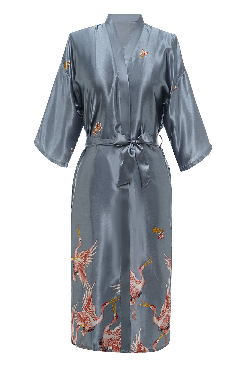 Grey Crane Printed Satin Bridal Robe