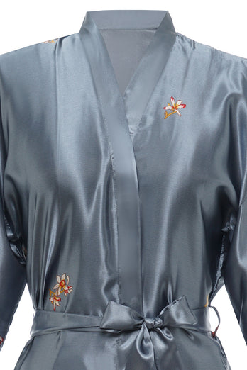 Grey Crane Printed Satin Bridal Robe