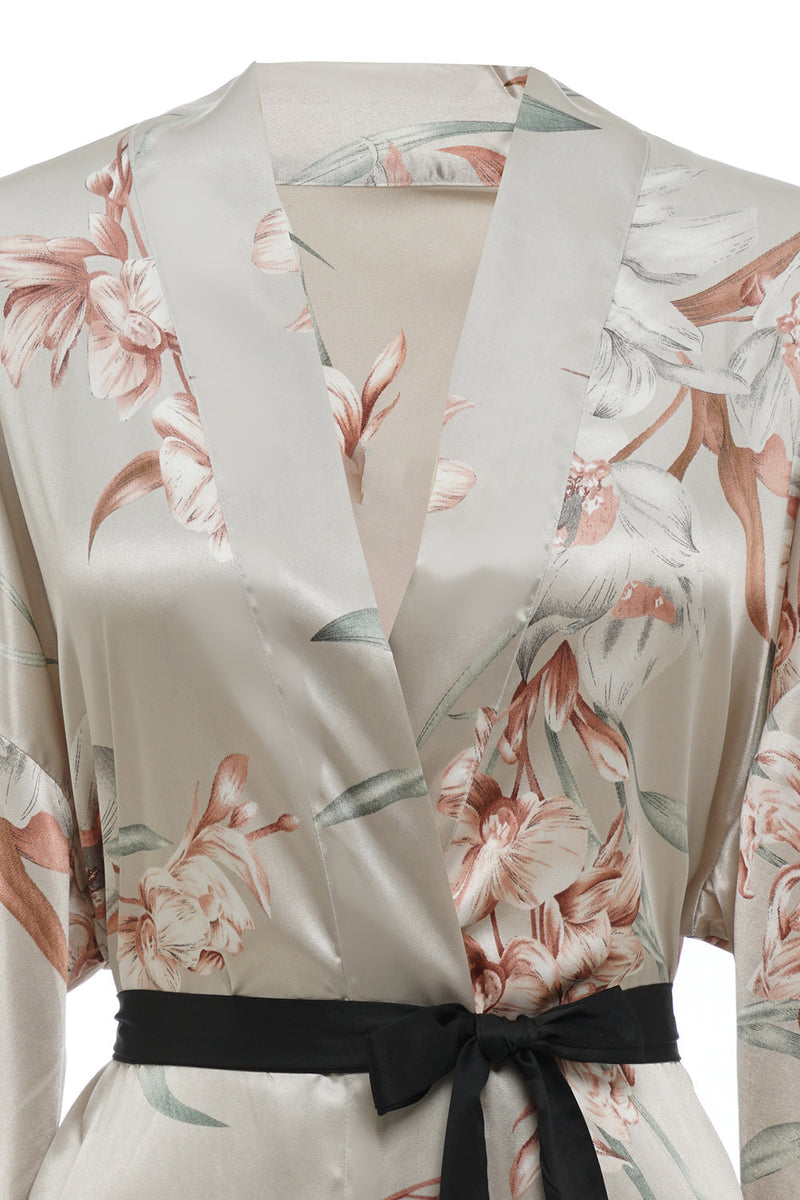 Load image into Gallery viewer, Light Grey Floral Satin Bridal Robe