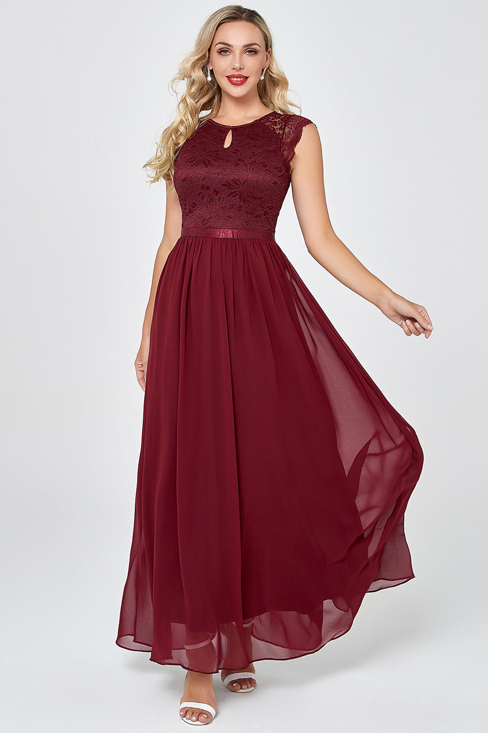 Burgundy Long Chiffon Formal Party Dress with Lace