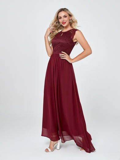 Burgundy Long Chiffon Formal Party Dress with Lace