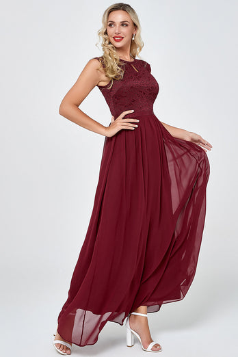 Burgundy Long Chiffon Formal Party Dress with Lace