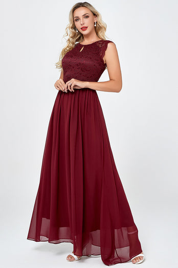 Burgundy Long Chiffon Formal Party Dress with Lace