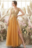 Load image into Gallery viewer, Deep V-Neck Champagne Long Formal Dress with Beading