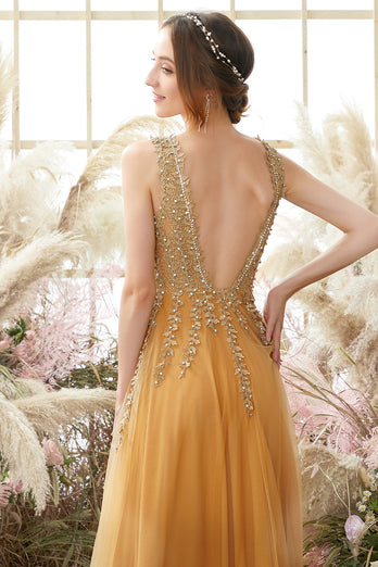 Deep V-Neck Champagne Long Formal Dress with Beading