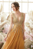 Load image into Gallery viewer, Deep V-Neck Champagne Long Formal Dress with Beading