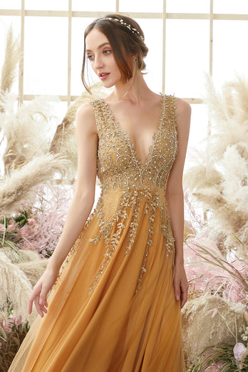 Deep V-Neck Champagne Long Formal Dress with Beading