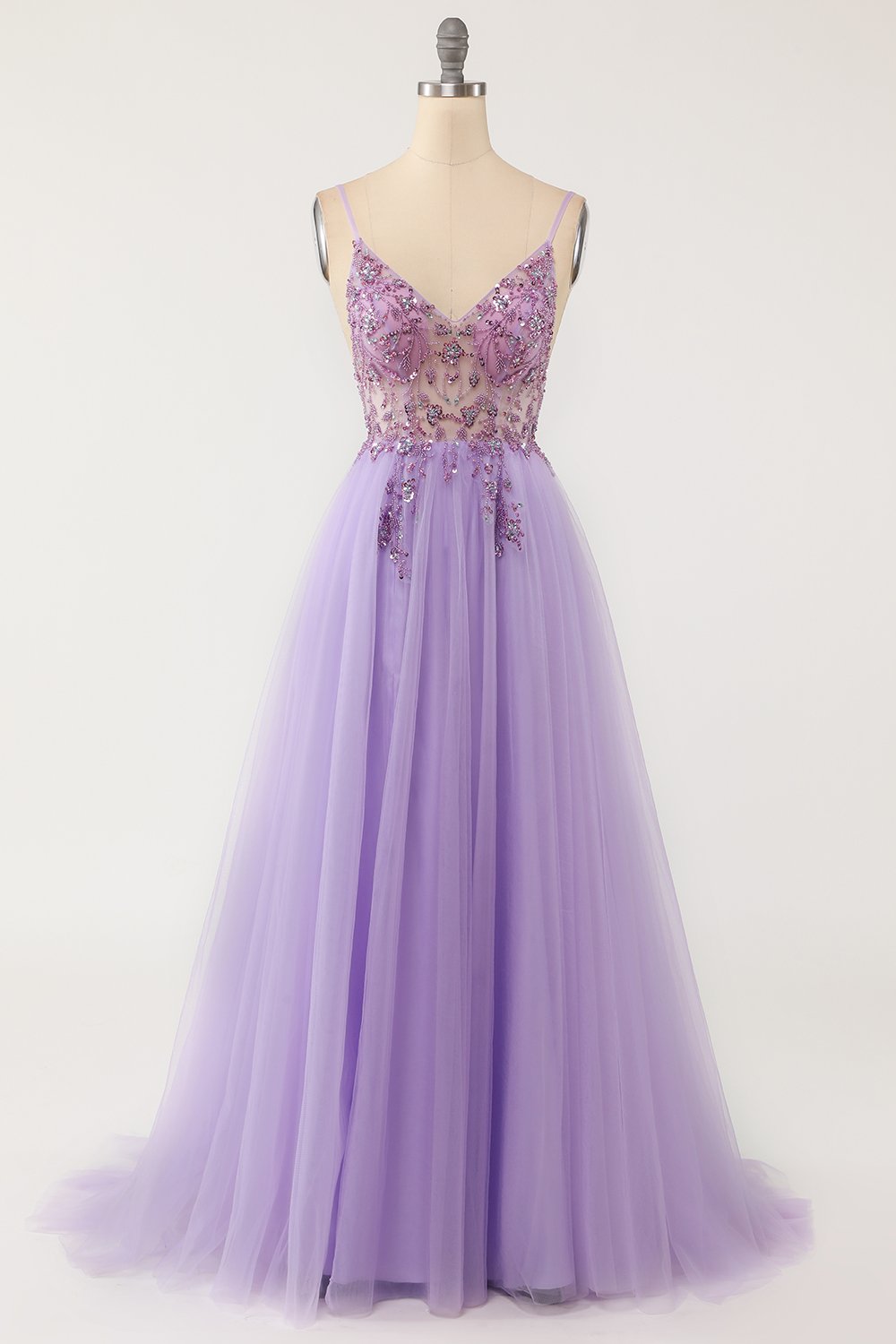 Purple Beaded Tulle Long Prom Dress