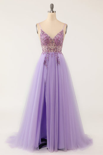 Purple Beaded Tulle Long Prom Dress