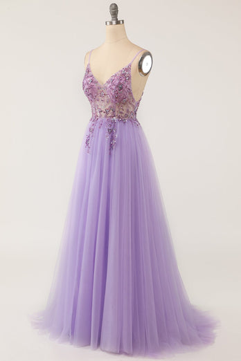 Purple Beaded Tulle Long Prom Dress