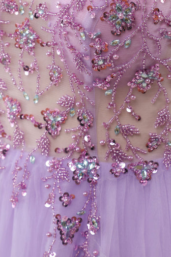 Purple Beaded Tulle Long Prom Dress