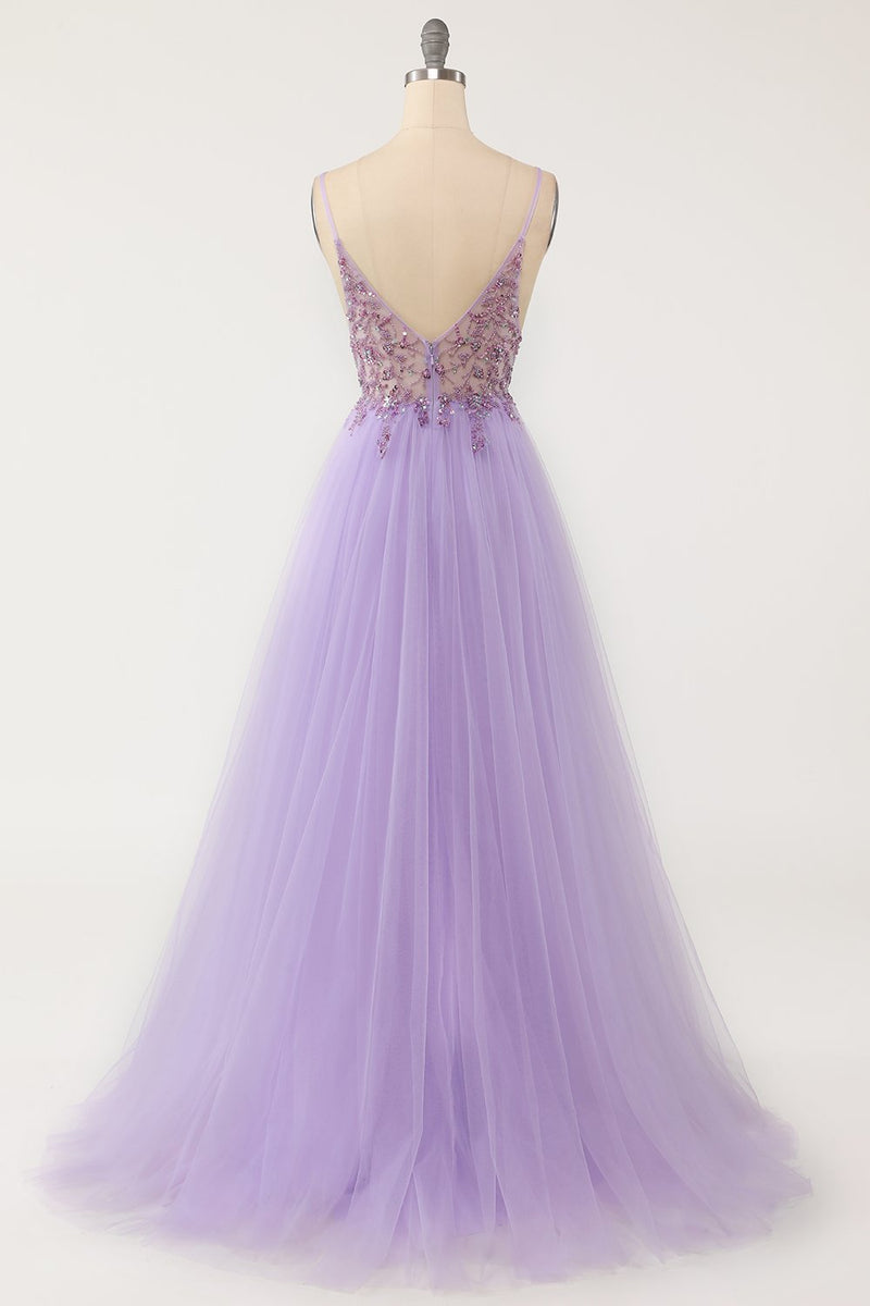 Load image into Gallery viewer, Purple Beaded Tulle Long Prom Dress