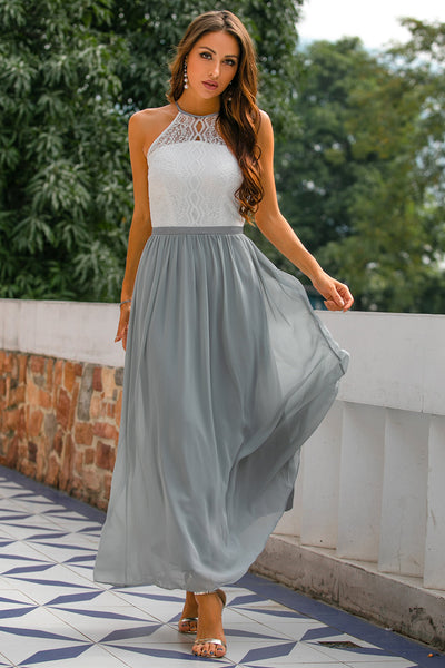 Grey Open Back Long Formal Dress