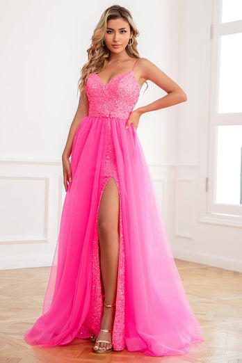 Fuchsia Detachable Train Sequin Formal Dress