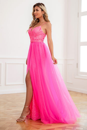 Fuchsia Detachable Train Sequin Formal Dress