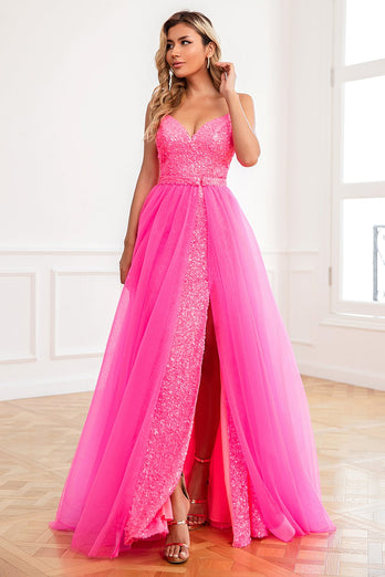 Fuchsia Detachable Train Sequin Formal Dress