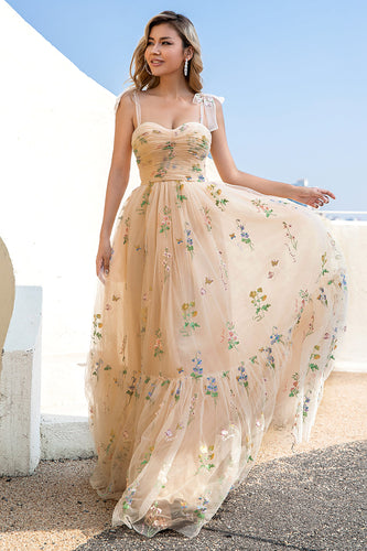 A Line Spaghetti Straps Champagne Formal Dress with Embroidery