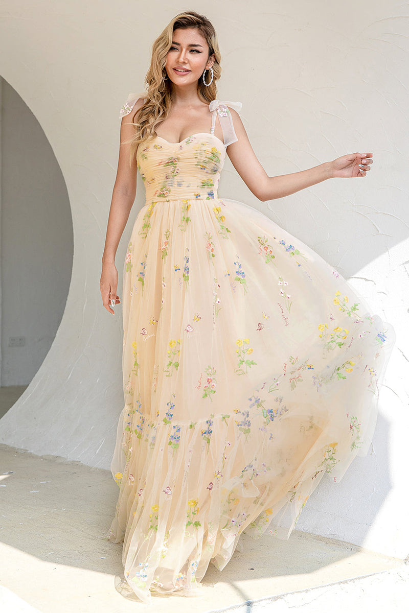 Load image into Gallery viewer, A Line Spaghetti Straps Champagne Formal Dress with Embroidery