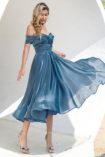 Princess A Line Off the Shoulder Grey Blue Formal Party Dress