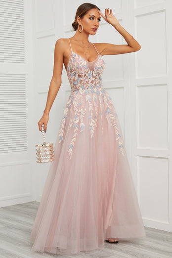 Spaghetti Straps Pink Tulle Formal Dress